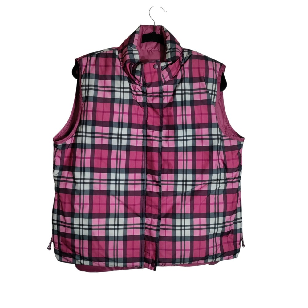 LL Bean Womens Pink Purple Plaid Goose Down Puffer Vest Size M Regular 0VC72